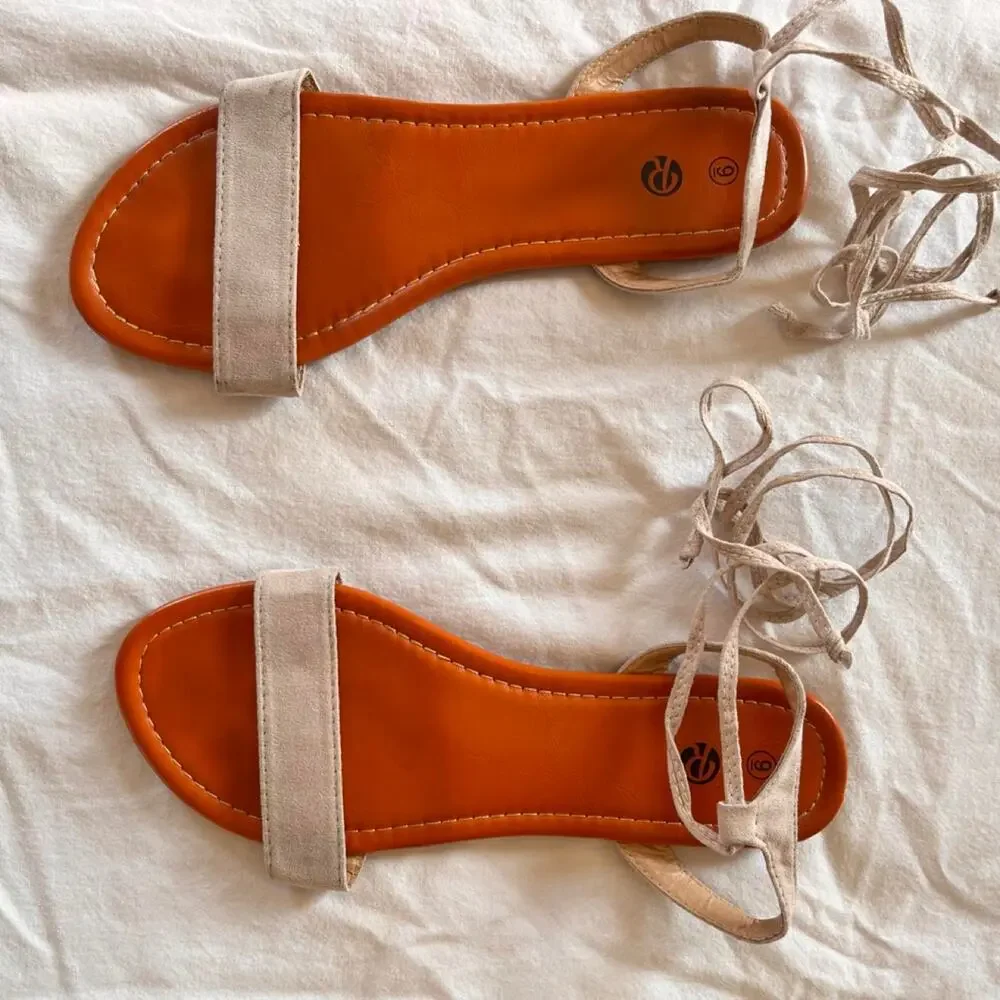 Women's Lace Up Ankle Tie Flat Sandals Tan Suede Cognac Footbed Size 9